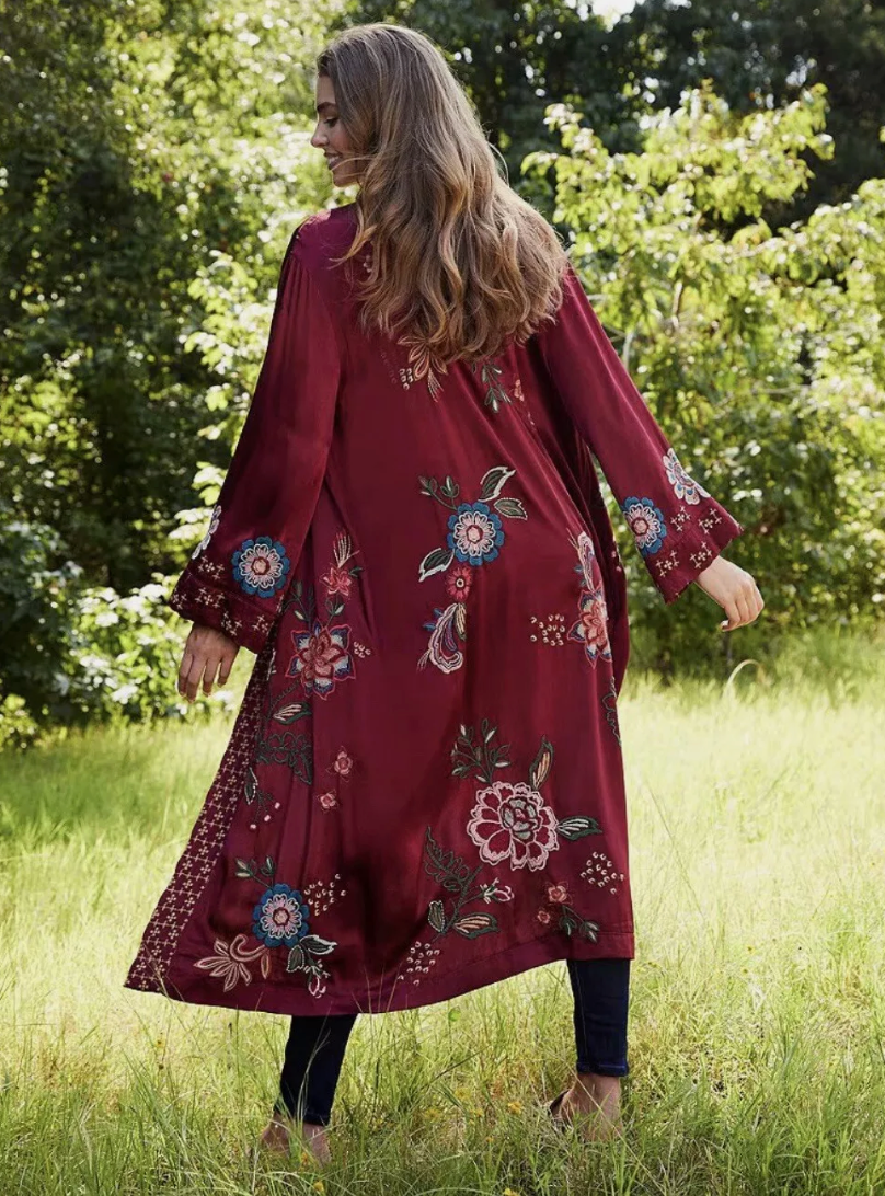 LONG KIMONO COAT - MESSINE POMEGRANATE / JOHNNY WAS