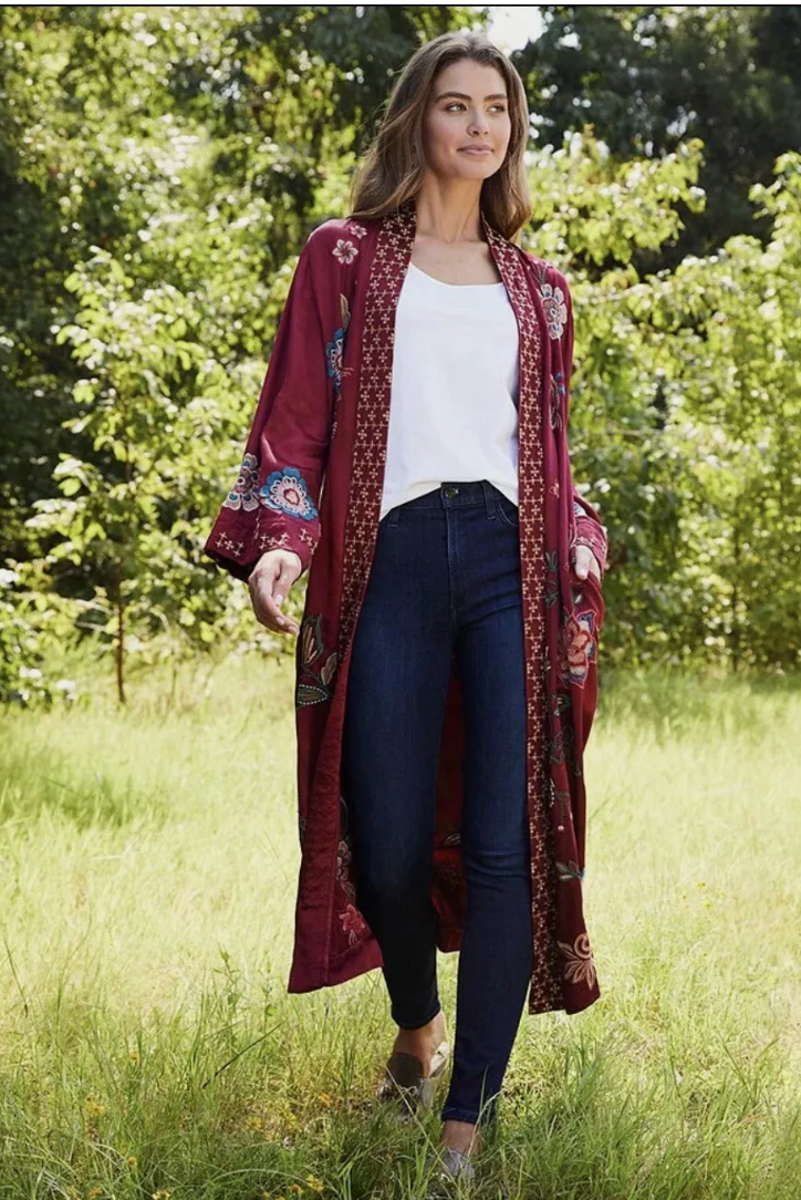 LONG KIMONO COAT - MESSINE POMEGRANATE / JOHNNY WAS